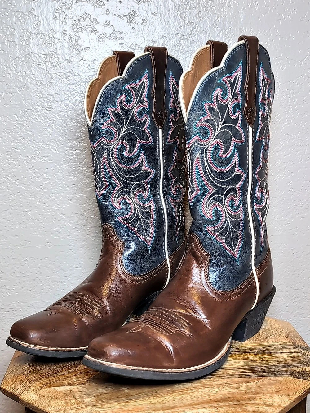 ARIAT Round Up Cowgirl Western Boots Brown Blue US 7.5 B